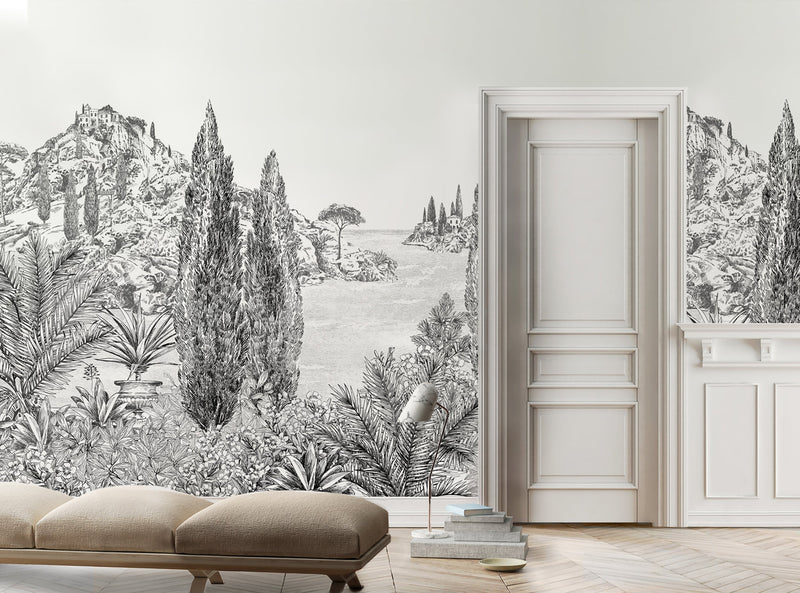 cyprès panoramique méditerranée pins ile végétation grisaille français Isidore Leroy papier peint